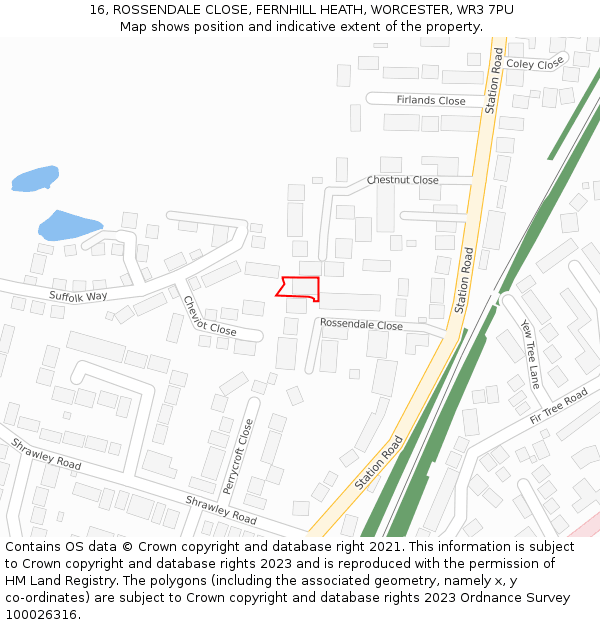 16, ROSSENDALE CLOSE, FERNHILL HEATH, WORCESTER, WR3 7PU: Location map and indicative extent of plot
