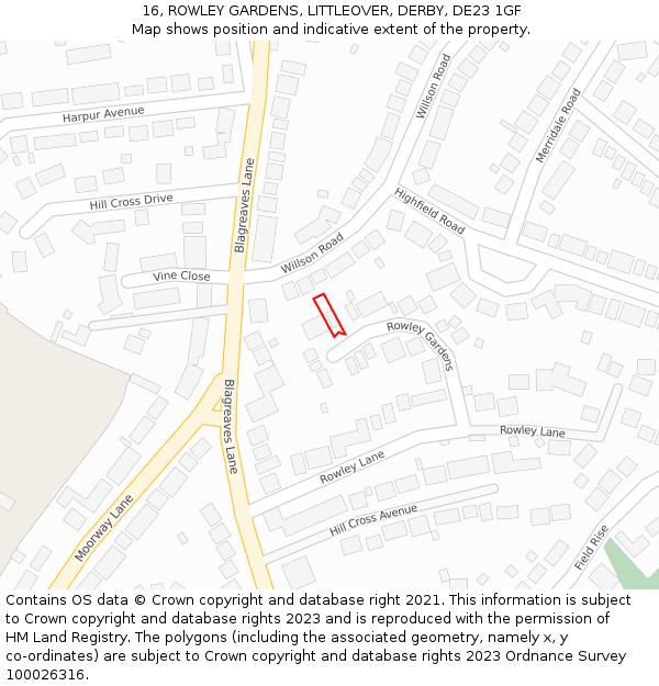 16, ROWLEY GARDENS, LITTLEOVER, DERBY, DE23 1GF: Location map and indicative extent of plot