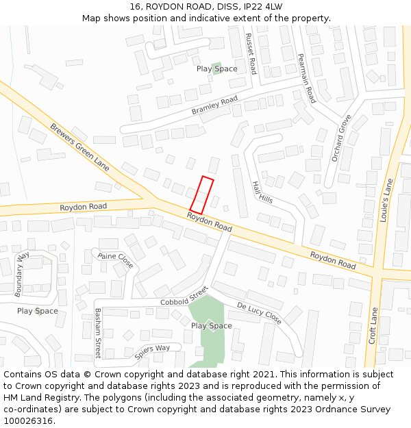 16, ROYDON ROAD, DISS, IP22 4LW: Location map and indicative extent of plot
