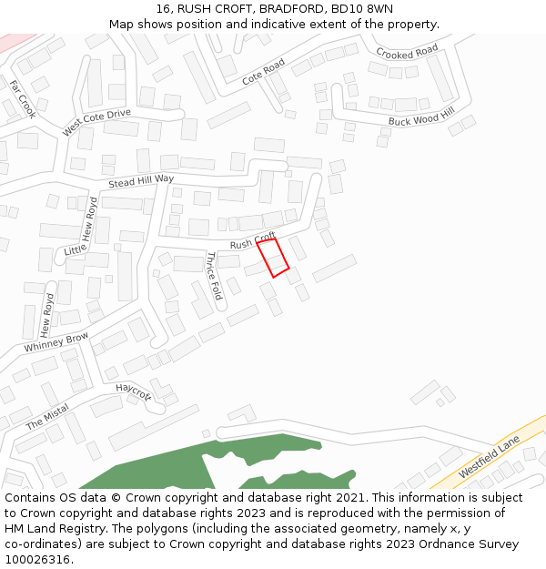16, RUSH CROFT, BRADFORD, BD10 8WN: Location map and indicative extent of plot