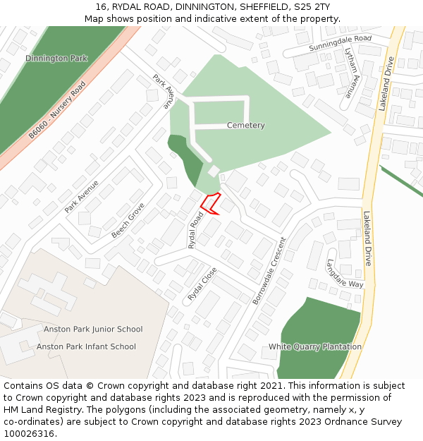 16, RYDAL ROAD, DINNINGTON, SHEFFIELD, S25 2TY: Location map and indicative extent of plot