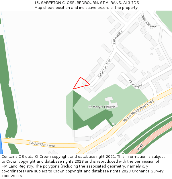 16, SABERTON CLOSE, REDBOURN, ST ALBANS, AL3 7DS: Location map and indicative extent of plot