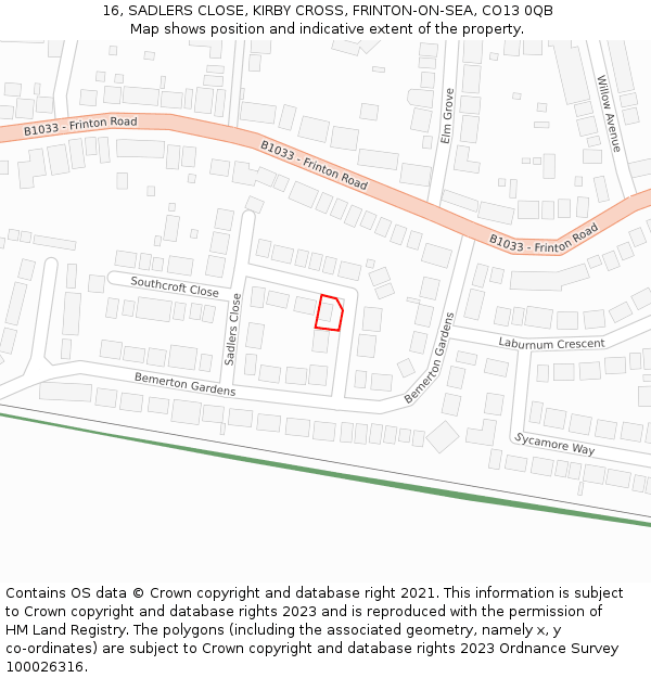 16, SADLERS CLOSE, KIRBY CROSS, FRINTON-ON-SEA, CO13 0QB: Location map and indicative extent of plot