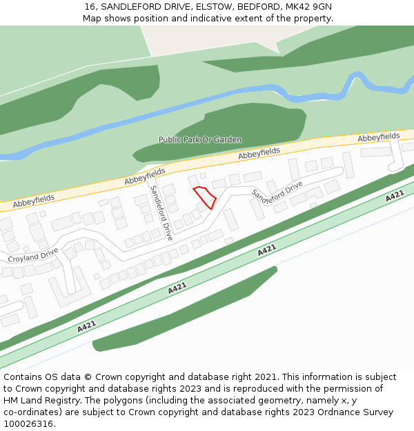 16, SANDLEFORD DRIVE, ELSTOW, BEDFORD, MK42 9GN: Location map and indicative extent of plot