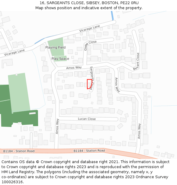 16, SARGEANTS CLOSE, SIBSEY, BOSTON, PE22 0RU: Location map and indicative extent of plot