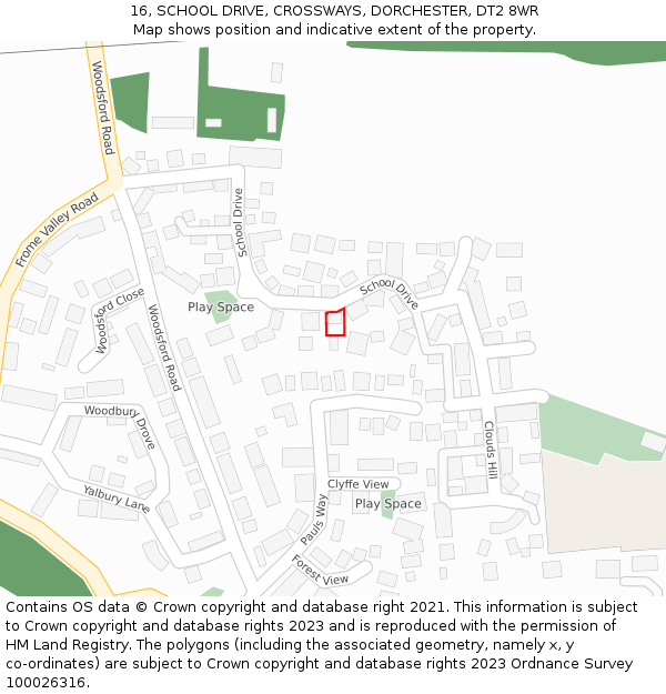 16, SCHOOL DRIVE, CROSSWAYS, DORCHESTER, DT2 8WR: Location map and indicative extent of plot