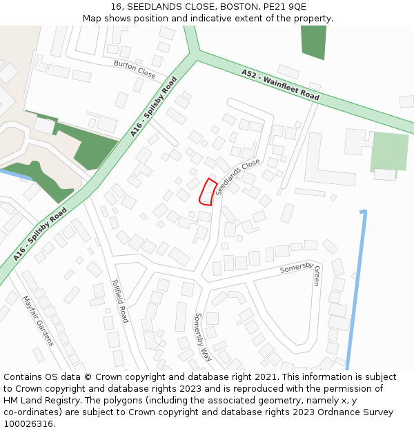 16, SEEDLANDS CLOSE, BOSTON, PE21 9QE: Location map and indicative extent of plot