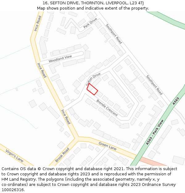 16, SEFTON DRIVE, THORNTON, LIVERPOOL, L23 4TJ: Location map and indicative extent of plot