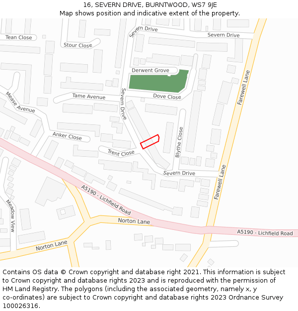 16, SEVERN DRIVE, BURNTWOOD, WS7 9JE: Location map and indicative extent of plot