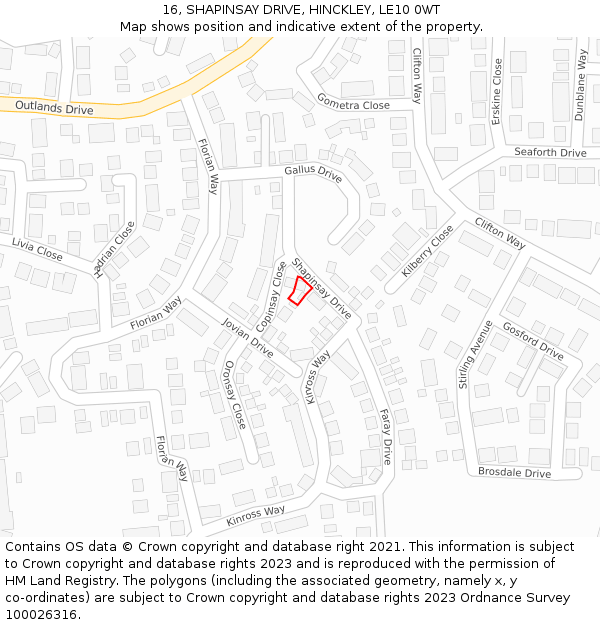 16, SHAPINSAY DRIVE, HINCKLEY, LE10 0WT: Location map and indicative extent of plot