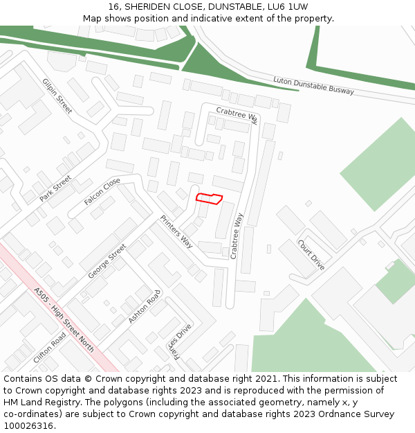 16, SHERIDEN CLOSE, DUNSTABLE, LU6 1UW: Location map and indicative extent of plot