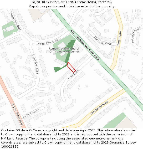 16, SHIRLEY DRIVE, ST LEONARDS-ON-SEA, TN37 7JW: Location map and indicative extent of plot