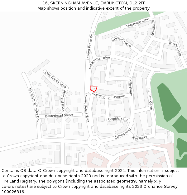 16, SKERNINGHAM AVENUE, DARLINGTON, DL2 2FF: Location map and indicative extent of plot