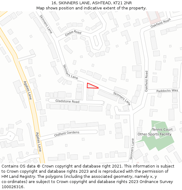 16, SKINNERS LANE, ASHTEAD, KT21 2NR: Location map and indicative extent of plot