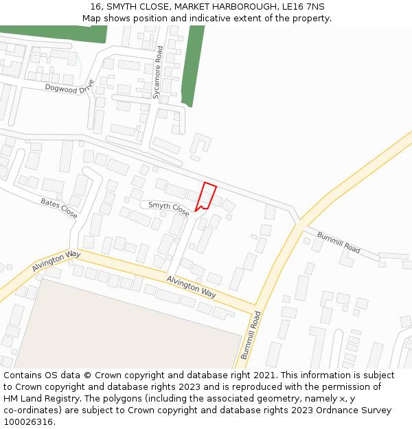 16, SMYTH CLOSE, MARKET HARBOROUGH, LE16 7NS: Location map and indicative extent of plot