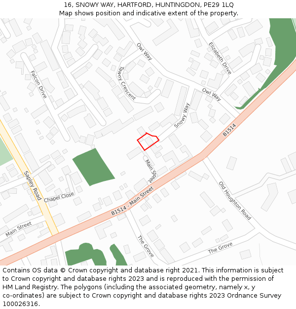 16, SNOWY WAY, HARTFORD, HUNTINGDON, PE29 1LQ: Location map and indicative extent of plot