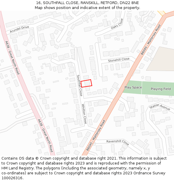 16, SOUTHFALL CLOSE, RANSKILL, RETFORD, DN22 8NE: Location map and indicative extent of plot