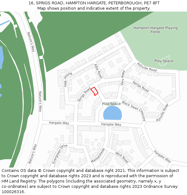 16, SPRIGS ROAD, HAMPTON HARGATE, PETERBOROUGH, PE7 8FT: Location map and indicative extent of plot