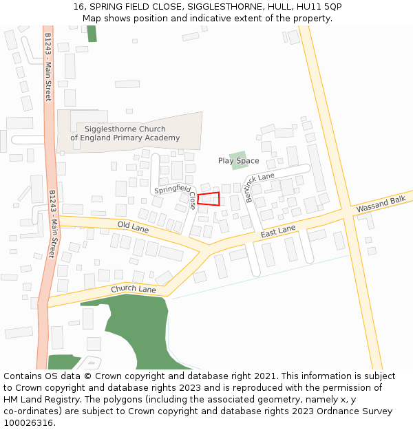 16, SPRING FIELD CLOSE, SIGGLESTHORNE, HULL, HU11 5QP: Location map and indicative extent of plot