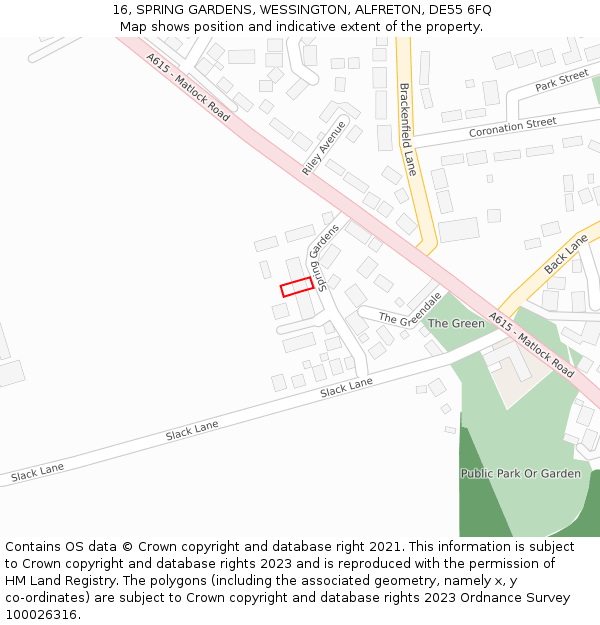 16, SPRING GARDENS, WESSINGTON, ALFRETON, DE55 6FQ: Location map and indicative extent of plot