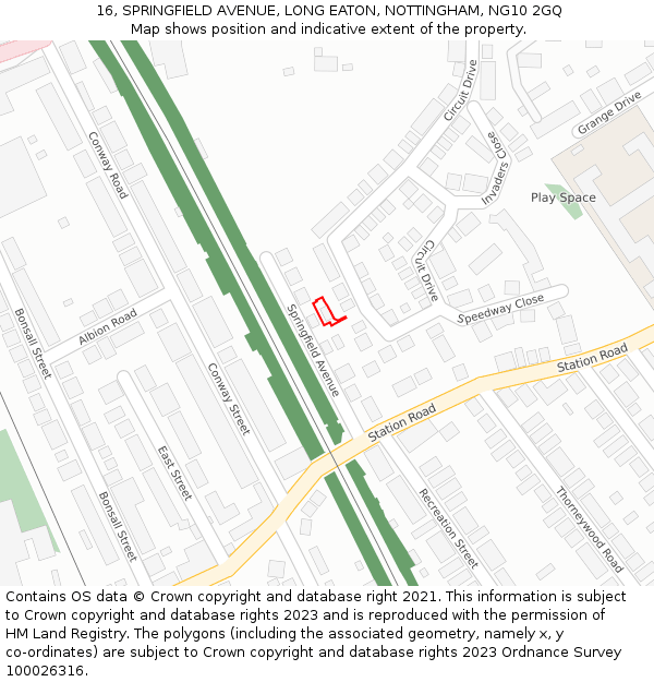 16, SPRINGFIELD AVENUE, LONG EATON, NOTTINGHAM, NG10 2GQ: Location map and indicative extent of plot