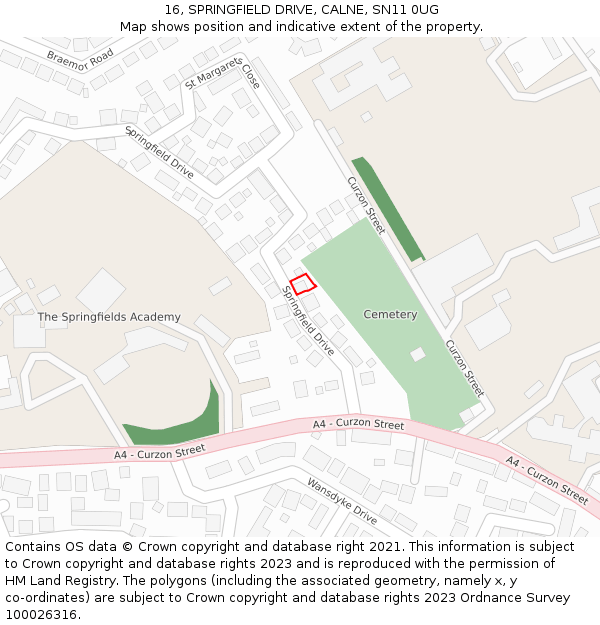 16, SPRINGFIELD DRIVE, CALNE, SN11 0UG: Location map and indicative extent of plot