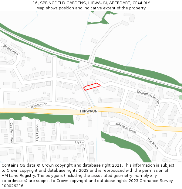 16, SPRINGFIELD GARDENS, HIRWAUN, ABERDARE, CF44 9LY: Location map and indicative extent of plot