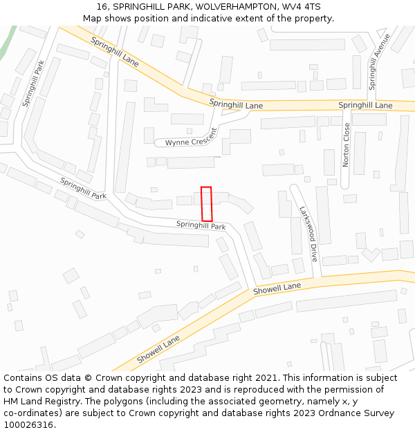 16, SPRINGHILL PARK, WOLVERHAMPTON, WV4 4TS: Location map and indicative extent of plot