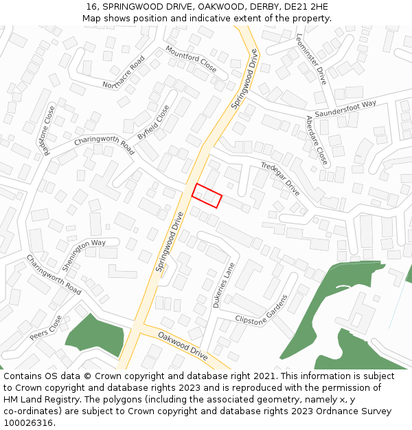 16, SPRINGWOOD DRIVE, OAKWOOD, DERBY, DE21 2HE: Location map and indicative extent of plot