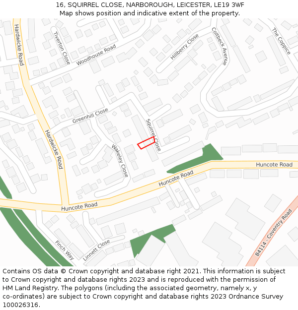 16, SQUIRREL CLOSE, NARBOROUGH, LEICESTER, LE19 3WF: Location map and indicative extent of plot