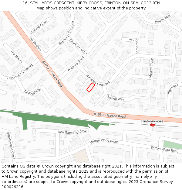 16, STALLARDS CRESCENT, KIRBY CROSS, FRINTON-ON-SEA, CO13 0TN: Location map and indicative extent of plot