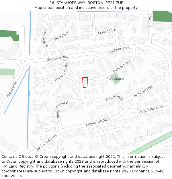 16, STANHOPE WAY, BOSTON, PE21 7UB: Location map and indicative extent of plot