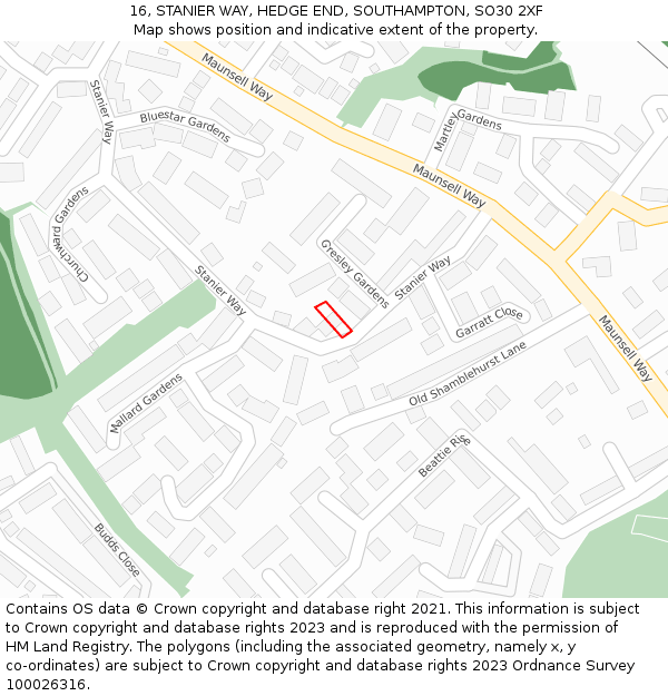 16, STANIER WAY, HEDGE END, SOUTHAMPTON, SO30 2XF: Location map and indicative extent of plot