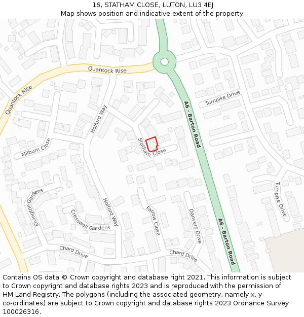 16, STATHAM CLOSE, LUTON, LU3 4EJ: Location map and indicative extent of plot