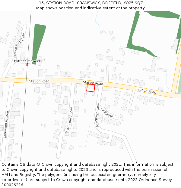 16, STATION ROAD, CRANSWICK, DRIFFIELD, YO25 9QZ: Location map and indicative extent of plot