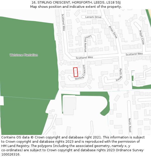 16, STIRLING CRESCENT, HORSFORTH, LEEDS, LS18 5SJ: Location map and indicative extent of plot