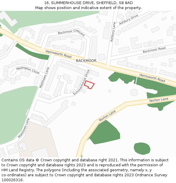 16, SUMMERHOUSE DRIVE, SHEFFIELD, S8 8AD: Location map and indicative extent of plot