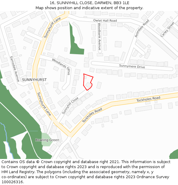 16, SUNNYHILL CLOSE, DARWEN, BB3 1LE: Location map and indicative extent of plot