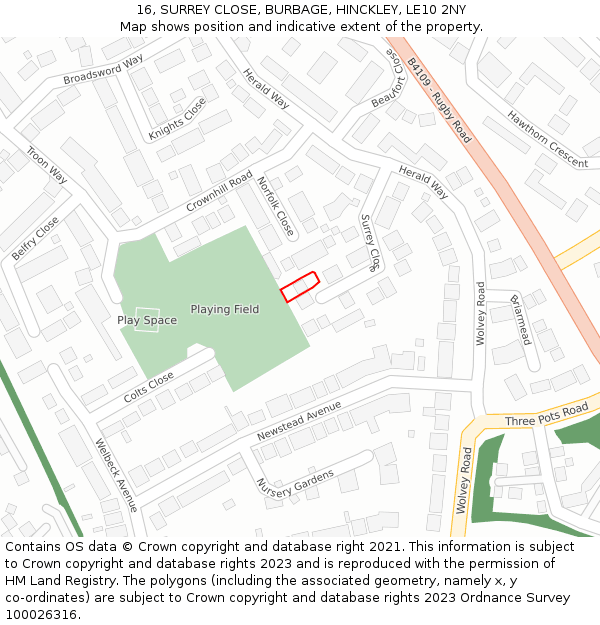 16, SURREY CLOSE, BURBAGE, HINCKLEY, LE10 2NY: Location map and indicative extent of plot