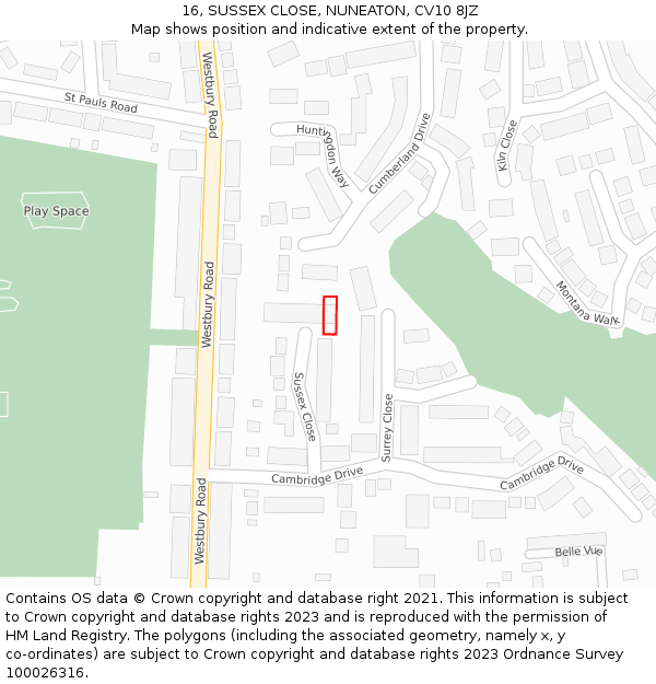 16, SUSSEX CLOSE, NUNEATON, CV10 8JZ: Location map and indicative extent of plot