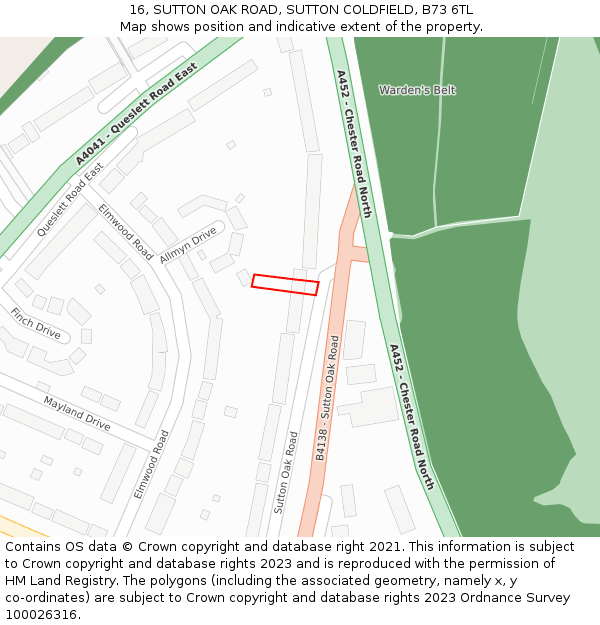 16, SUTTON OAK ROAD, SUTTON COLDFIELD, B73 6TL: Location map and indicative extent of plot