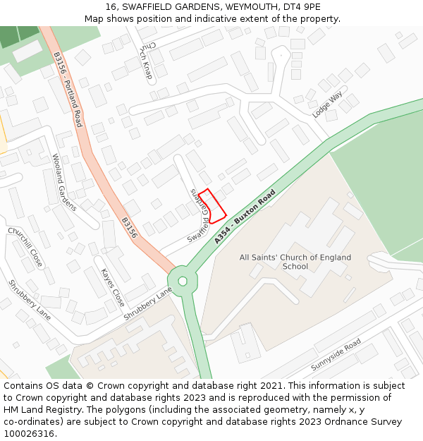 16, SWAFFIELD GARDENS, WEYMOUTH, DT4 9PE: Location map and indicative extent of plot