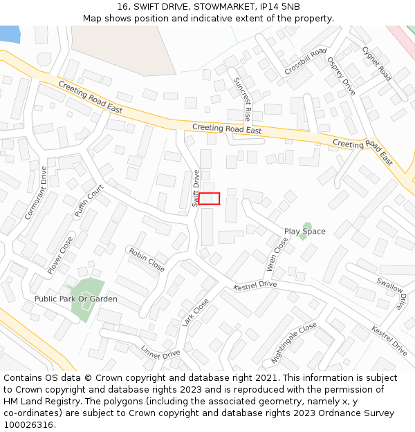 16, SWIFT DRIVE, STOWMARKET, IP14 5NB: Location map and indicative extent of plot