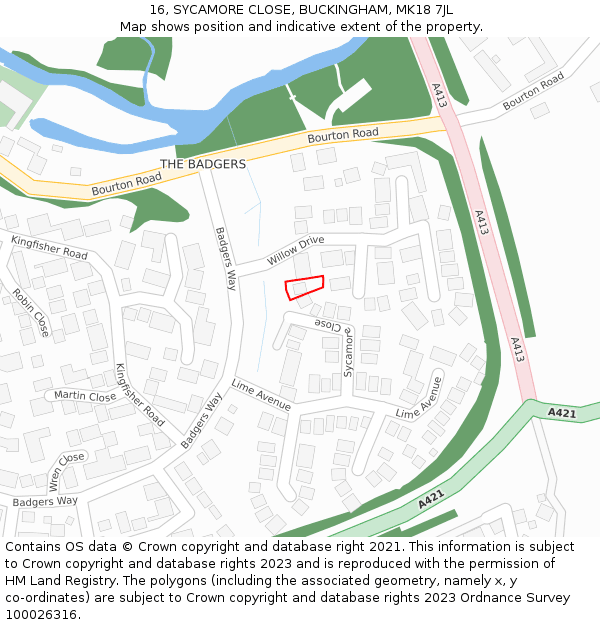 16, SYCAMORE CLOSE, BUCKINGHAM, MK18 7JL: Location map and indicative extent of plot
