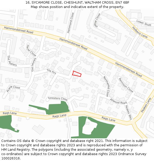 16, SYCAMORE CLOSE, CHESHUNT, WALTHAM CROSS, EN7 6BF: Location map and indicative extent of plot