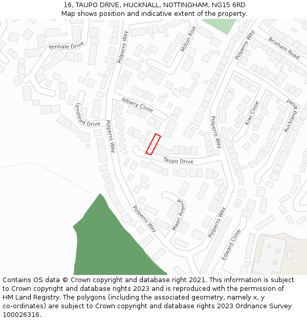 16, TAUPO DRIVE, HUCKNALL, NOTTINGHAM, NG15 6RD: Location map and indicative extent of plot
