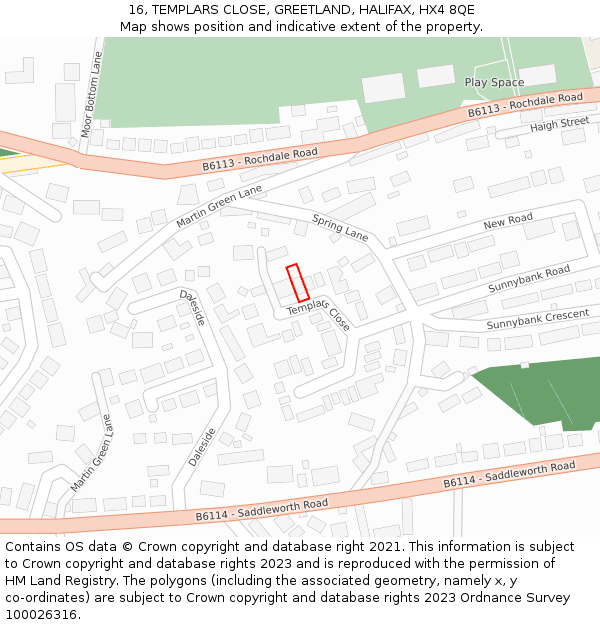 16, TEMPLARS CLOSE, GREETLAND, HALIFAX, HX4 8QE: Location map and indicative extent of plot