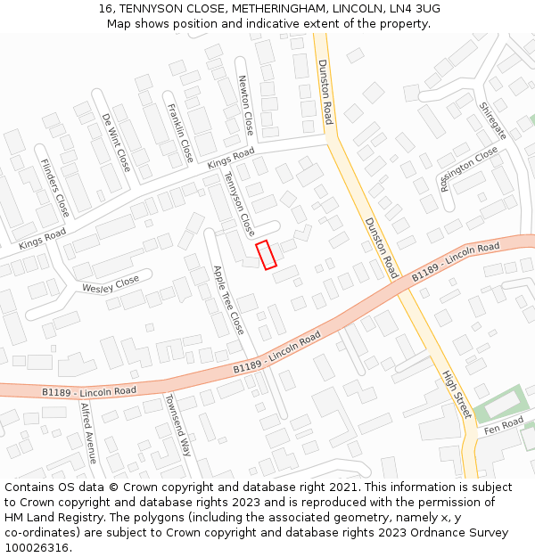 16, TENNYSON CLOSE, METHERINGHAM, LINCOLN, LN4 3UG: Location map and indicative extent of plot