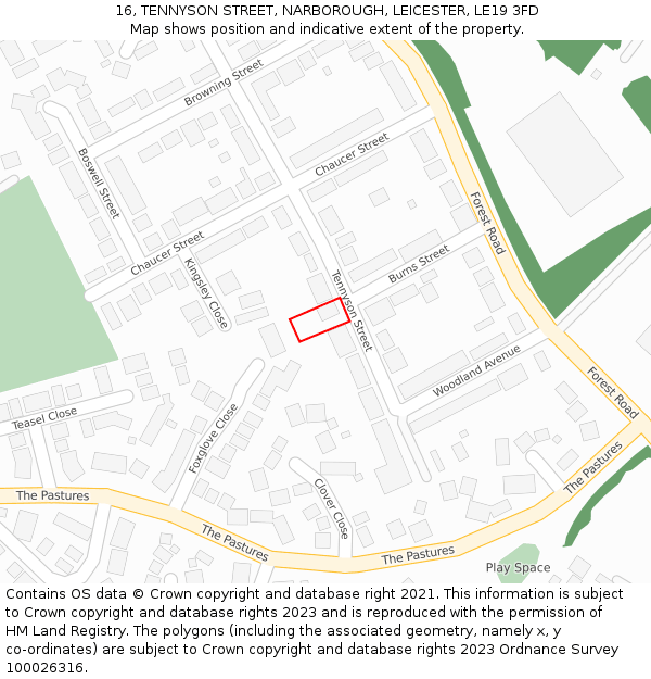 16, TENNYSON STREET, NARBOROUGH, LEICESTER, LE19 3FD: Location map and indicative extent of plot