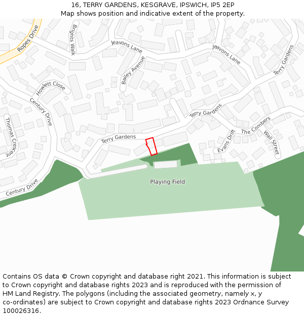 16, TERRY GARDENS, KESGRAVE, IPSWICH, IP5 2EP: Location map and indicative extent of plot
